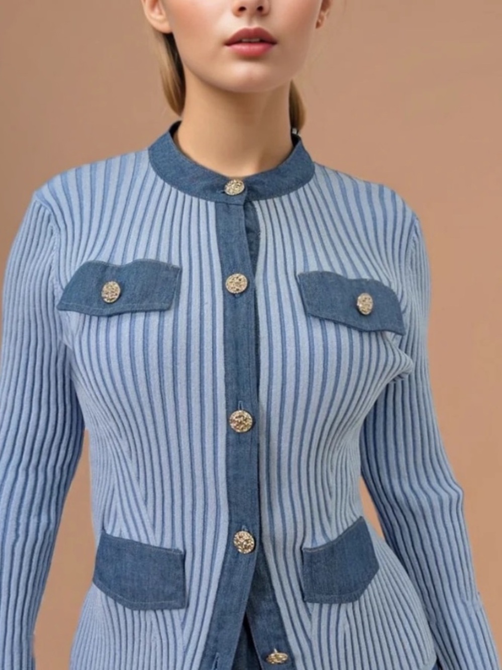 Chic Blue Ribbed Button-Front Cardigan
